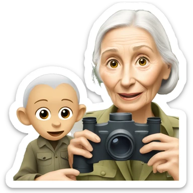 Jane Goodall with binoculars and a baby chimpanzee sticker