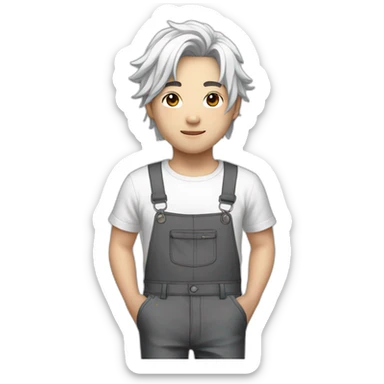 Chinese idol wearing white overalls and gray pants and black T-shirt with white hair sticker