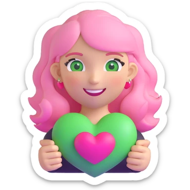 girl with pink and white hair, green eyes, smiling, holding a heart, 3D emoji style sticker