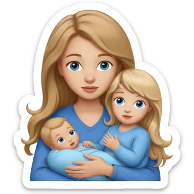young woman with long straight light brown hair, side bangs, and blue eyes. She is holding a 1 year old baby girl with blond curly hair and blue eyes  sticker