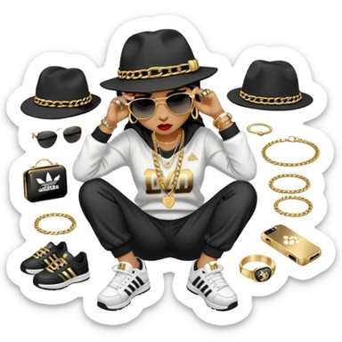 female cat wearing Run DMC hip-hop outfit with tracksuit, fedora, Adidas sneakers, dark sunglasses, many gold chains, rings, bracelets, flashy earrings, lying on the ground in distress, crying sticker