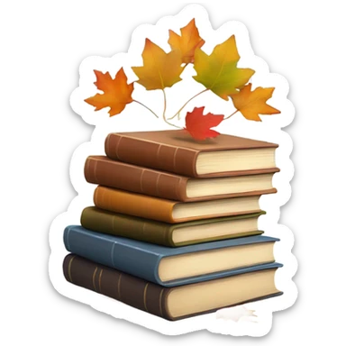  A stack of miniature books with autumn leaves scattered around. sticker
