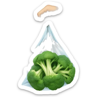 a hand holding a small see through bag wir chopped Broccoli inside sticker