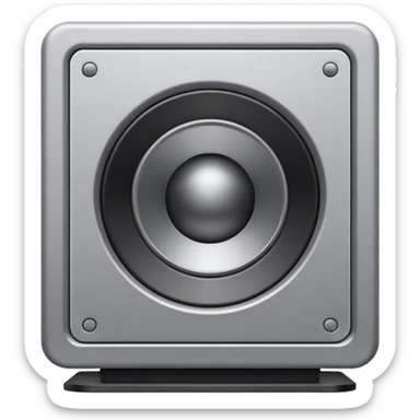 Minimal emoji icon of a modern metallic studio monitor, front view, detailed geometry, dark metallic body, subtle highlights, isolated sticker