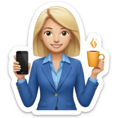 Confident and outgoing female entrepreneur, Caucasian features, shoulder-length blonde hair, big friendly smile, expressive eyes, wearing a blue blazer over a light blue blouse, holding a smartphone in one hand and a coffee cup in the other, waist-up, front-facing sticker