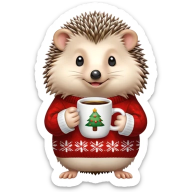 hedgehog wearing a Christmas sweater full body little arms, holding a coffee cup sticker