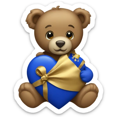 A teddy bear holding royal blue and gold heart  sticker