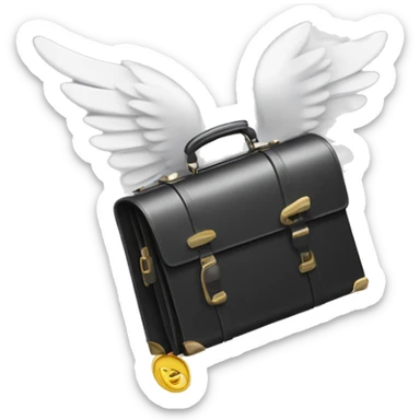 A playful winged briefcase with cartoon eyes, gliding upwards with dynamic motion lines, trailing glittering dollar signs sticker
