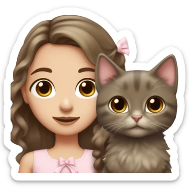 pale olive toned brunette girl with long brown wavy hair with brown eyes and wearing a light pink hair bow holding a black kitten also wearing a hair bow sticker