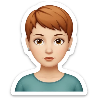 classic teacher emoji but fatter and with a brown pixie cut, make her white and the pixy cut is pointy and dark brown and she is very fat sticker
