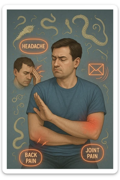 uomo che ignora i suoi un mal di testa, mal di schiena e dolore articolare e ignora ogni segnale e messaggio che il corpo manda per avvertirlo, ma alla fine dipendono tutto dai parassiti intestinali realistica sticker