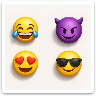 make four emojis on white background with good amount of shadow, four emojis of smiley's only. one laughing, second heart eyes, third purple devil and four black glasses emojis  sticker