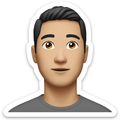 A head and shoulders shot of a 33 year old East Asian man, with short black hair,   with brown eyes wearing a t-shirt. sticker