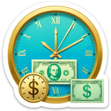 Flat vector icon of money with ruble symbol and a clock, representing tax payment deferral, minimalist governmental infographic style, solid shapes, high contrast, no shadows, no text, white background sticker