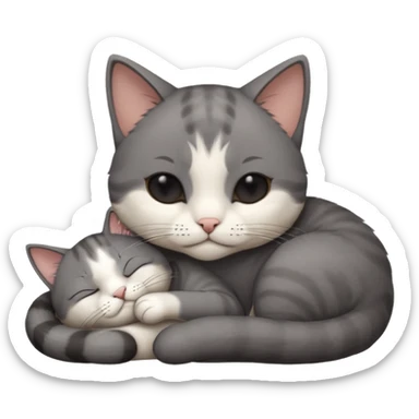 dark grey and white small cat with his eyes closed, leaning his head on his paw while leaning on his elbow lying down sticker