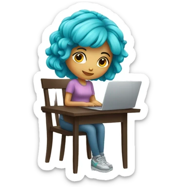 beautiful girl with cyan hairs sitting on a chair and working on a laptop sticker