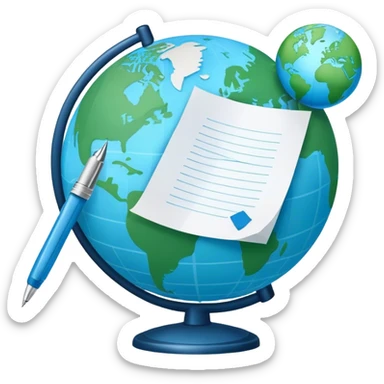 Create an emoji representing language translation. The design should feature just one globe in the background, symbolizing international communication. In front of the globe, place two books or sheets of paper with texs on them and a pen nearby to indicate the act of writing. Use a clean and professional color palette with blues, greens, and neutral tones. Make the background transparent. sticker