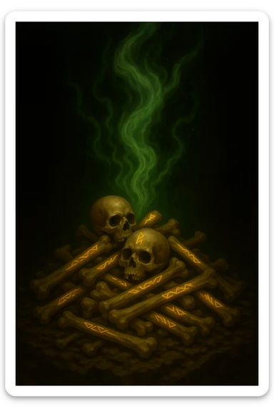 Change the mystical energy to green, keep the pile of bones with glowing runes and magical atmosphere. Preserve the fantasy style with green mystical energy surrounding the bones and runes. sticker