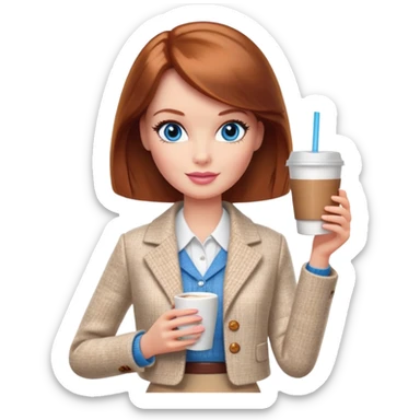 A Barbie girl with blue eyes, shoulder-length reddish-brown hair, made-up, wearing a white tweed jacket and a beige skirt, with a glass of coffee in her hands sticker