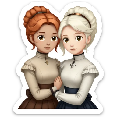 Two Victorian women with light eyes standing close together, one with bright pure white coiffed hair and one with dark copper coiffed hair, both wearing Victorian turtleneck dresses with their arms wrapped tightly around each other sticker
