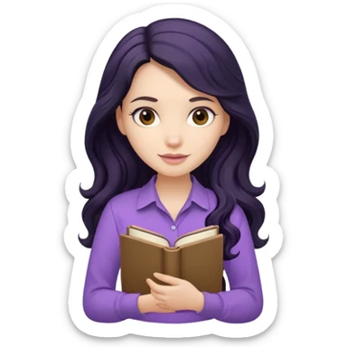 Long Hair Women with Black wavy hair, with purple Book, beige shir, without background sticker
