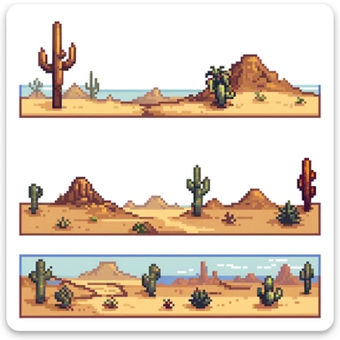 desert tile set with sand dunes, cacti, rocky formations, oasis with palm trees, desert shrubs, and ancient ruins sticker