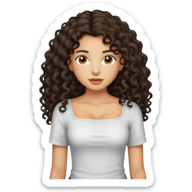 A tan girl with SUPER long dark curly hair and a square neckline shirt sticker