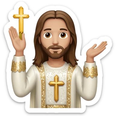 Jesus Christ from The Bible with long brown hair, white sequin outfit sticker