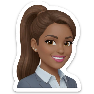 brunette with very long medium brown hair with highlights, in a sleek high ponytail, dark brown eyes, medium brown eyelash color, full lips, small button nose, olive color skin, full eye lashes, diamond earring studs, pink lipstick, nice smile, medium brown eyebrows, with a professional shirt sticker