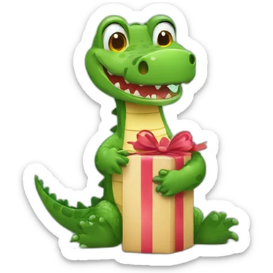 a happy crocodile in love holding a present sticker