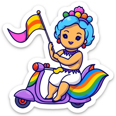 drag queen riding a whimsical alebrije, holding an LGBTQ flag, cartoonish sticker style sticker