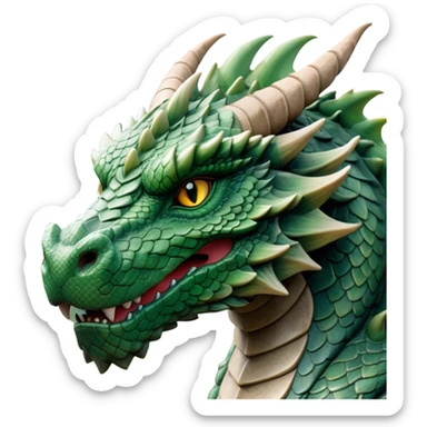 Cinematic Noble Giant Green scaled Dragon Portrait Emoji, Poised and awe-inspiring, with a massive, rugged form carved from ancient stone, featuring intricately textured scales that resemble weathered granite and basalt, and piercing, stony eyes echoing the strength of timeless mountains; rendered with lifelike detail and earthy natural highlights, high shine, formidable and grounded, styled with an aura of primordial majesty, focused and resolute, soft glowing outline, capturing the essence of an enduring rock titan ready to surge from the screen with ageless power! sticker
