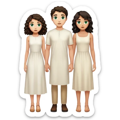 One tall man with light skin, green blue eyes, short straight dark hair and one girl with tan skin and long curly dark hair and brown eyes wearing a white midi dress  sticker