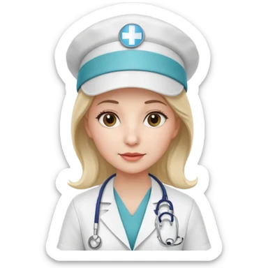 female doctor with white uniform and white hat with hospital logo on hat sticker
