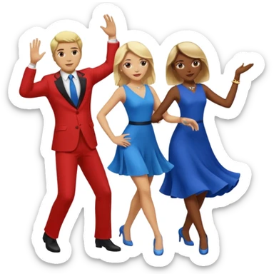 Two people dancing. A man wearing red with light skin and blonde hair. A women wearing bue with dark skin and brown hair. sticker