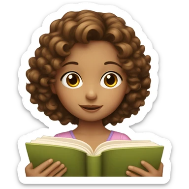 Little girl with brown curly hair reading a book sticker