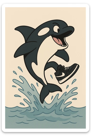 orca with black and white Nike sneakers jumping out of water, dynamic pose, minimal background, cartoon style sticker