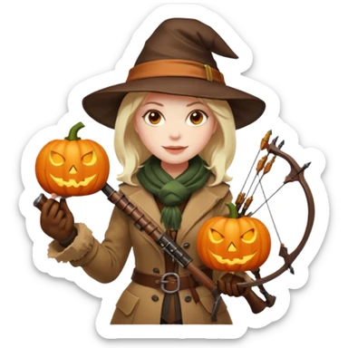 female human monster hunter emoji, wearing brown coat and hat, holding crossbow, soft smile, scarf, glowing pumpkin by her side, Halloween fantasy style, clean vector Apple emoji look, bright colors, white background, square sticker