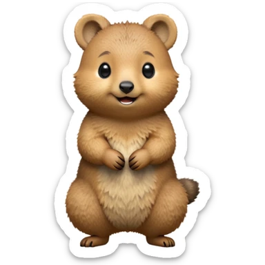 cinematic-quokka-realistic-full-body-standing-emoji,-small-round-frame-balanced-on-tiny-strong-hind-legs,-fluffy-brown-fur-radiating-a-warm-softness,-big-round-eyes-filled-with-joy-and-innocence,-tiny-clawed-paws-held-close-to-chest,-cheerful-smile-exuding-endearing-happiness,-simplified-yet-realistic-focused-features,-highly-detailed,-glowing-with-a-sunny-warmth sticker