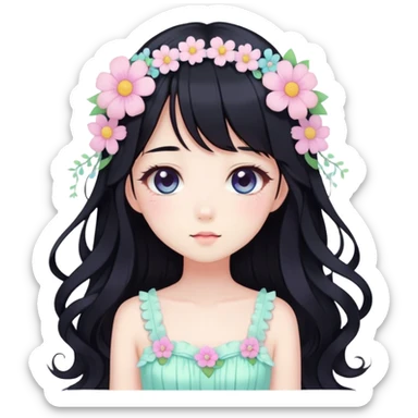 Kawaii anime lady with long black hair wearing a gorgeous pastel fairycore dress with flower details sticker
