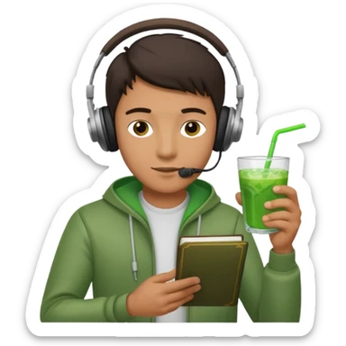 Male with wired headphones and green drink reading a book sticker