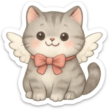 Add small angel wings to the cute chubby cat with a pink bow, soft gray fur, big round eyes, and a happy face. Keep the background transparent. The style should match the original image's look. sticker
