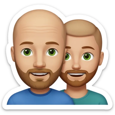 Shaved head man with dark blonde beard and blue eyes with mouth closed smile with brown haired woman with green eyes sticker