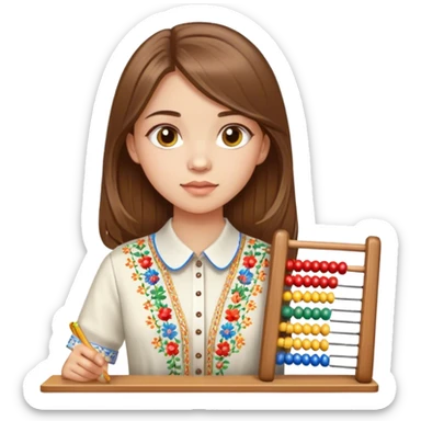 A Ukrainian girl with brown hair in an embroidered shirt holds an Abacus sticker