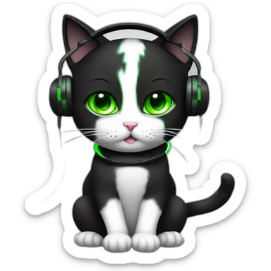 gamer black and white cat, green eye playing with headphones sticker