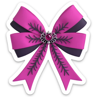 3D emoji style pink bow with gothic effect, deep magenta velvet, black feather accents, and silver spiderweb brooch sticker