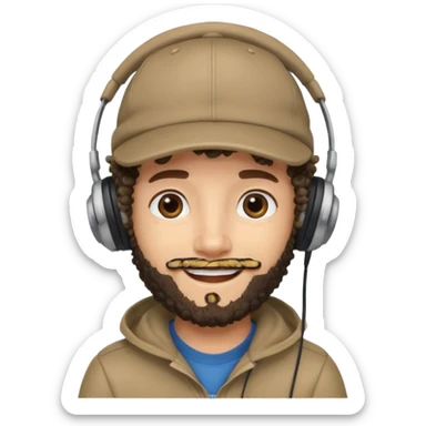 curly haired with headphones in and beard boy with cap sticker