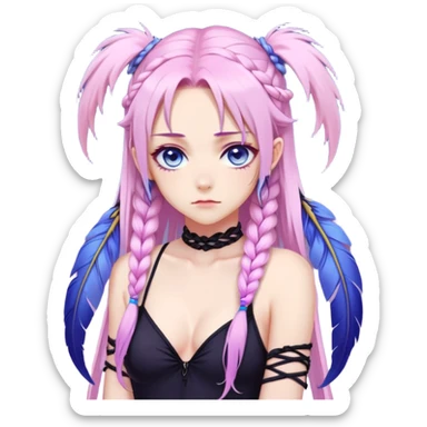 Gorgeous beautiful pretty grumpy anime lady long-pale-whitish-pastel-pink-hair with one braid on each side, hanging purple feather-ear-cuffs with pink tips in hair, black bodysuit, blue eyes, pink iris, ethereal, fashion aesthetic  sticker