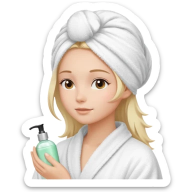 girls side profile  in robe and her hair in a towel with skin care on  sticker