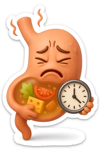 EMOJI STILE IPHONE 3D DI UNo stomaco umano con espressione dolornate, ha del cibo visibile dentro che non sta digerendo. in mano tiene un orologio da muro, iperrealistico 4k sticker